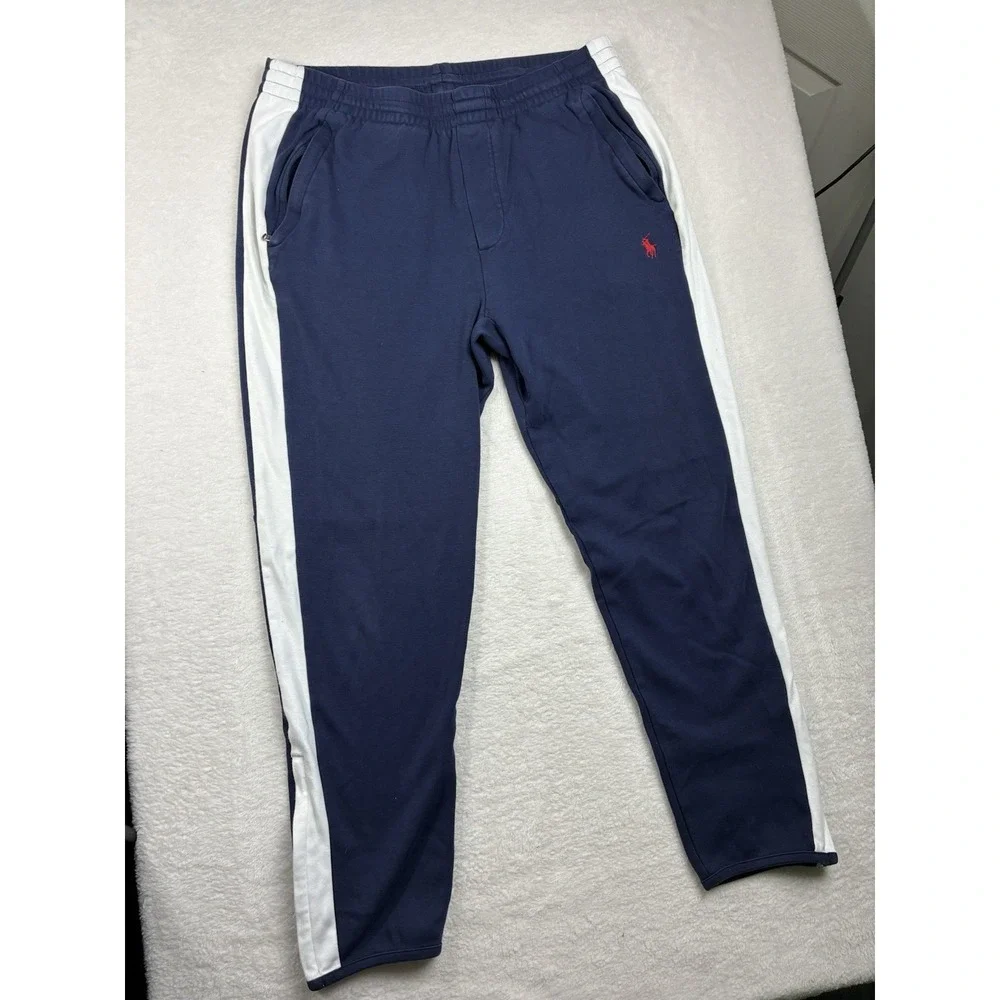 Polo Ralph Lauren Jogger Sweatpants Men Medium Blue White Side Stripe Pony